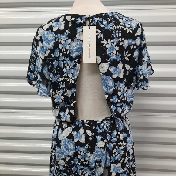 Creative Concepts Dress Women's Medium Black Blue Floral Short Sleeve Open Back - Picture 8 of 12